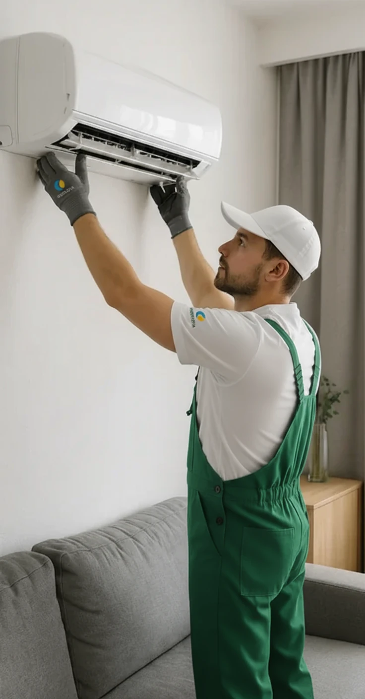air conditioning technician adjusting an indoor AC unit with  uniform