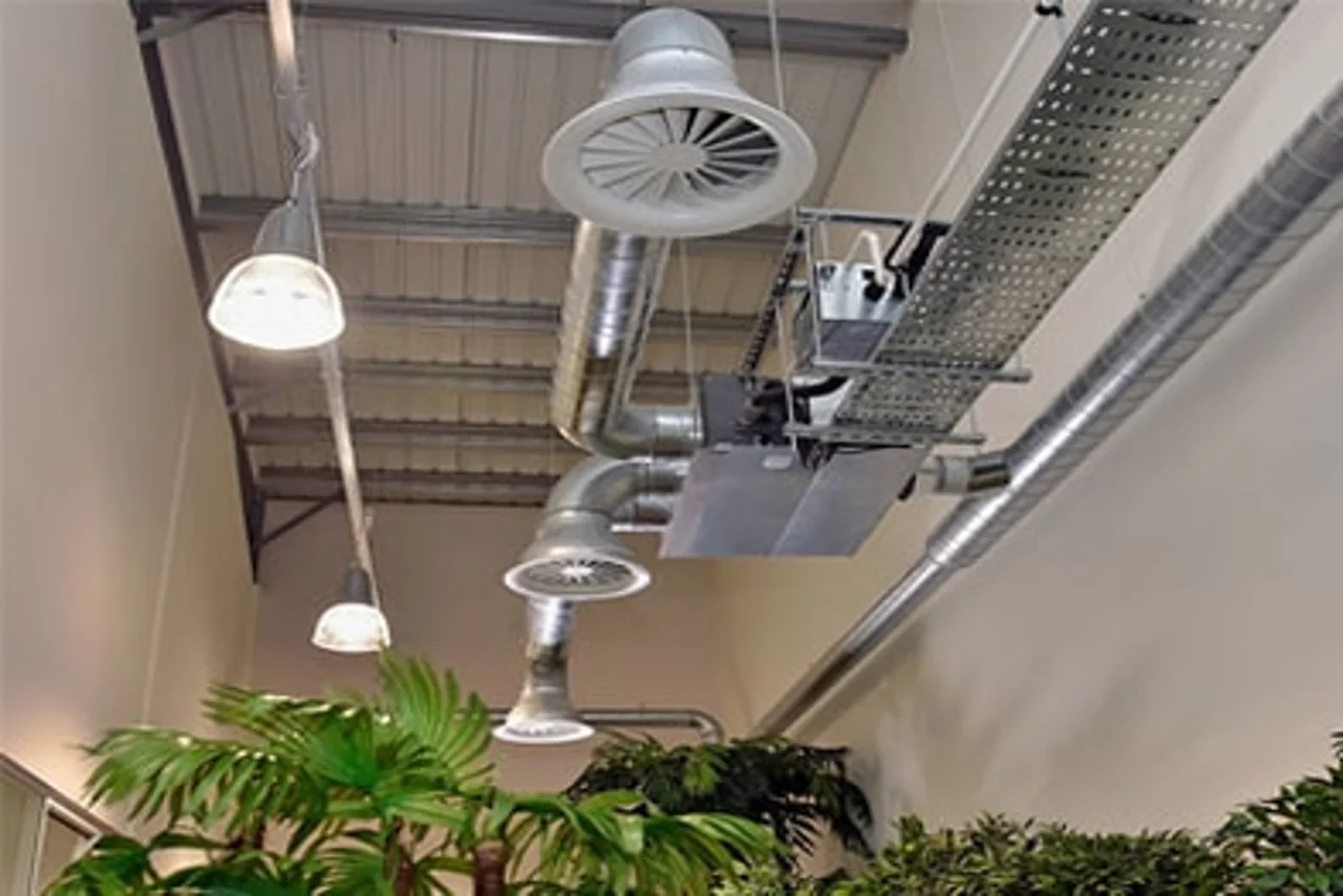 Cold room ceiling with ventilation ducts and lighting fixtures