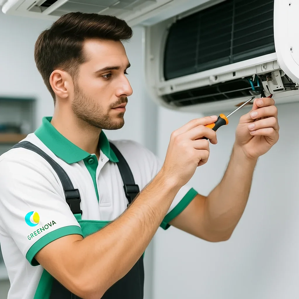 Technician fixing indoor air conditioning unit with screwdriver