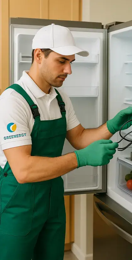 Technician in green overalls and gloves repairing a refrigerator