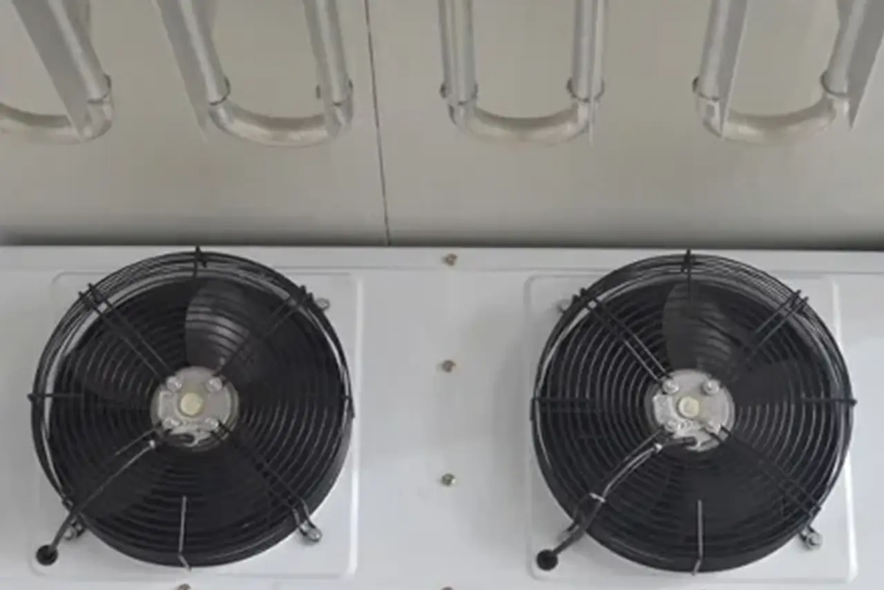 Cold room ceiling with ventilation ducts and lighting fixtures