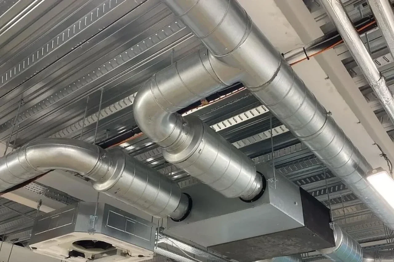 Industrial ventilation duct system on modern building ceiling